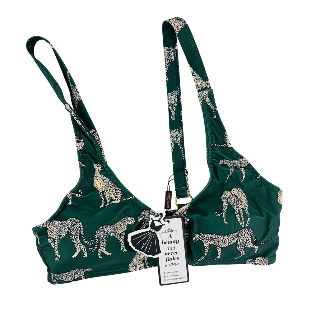 Retro Stage Women's Green Cheetah Print‎ Bikini Top Size M New